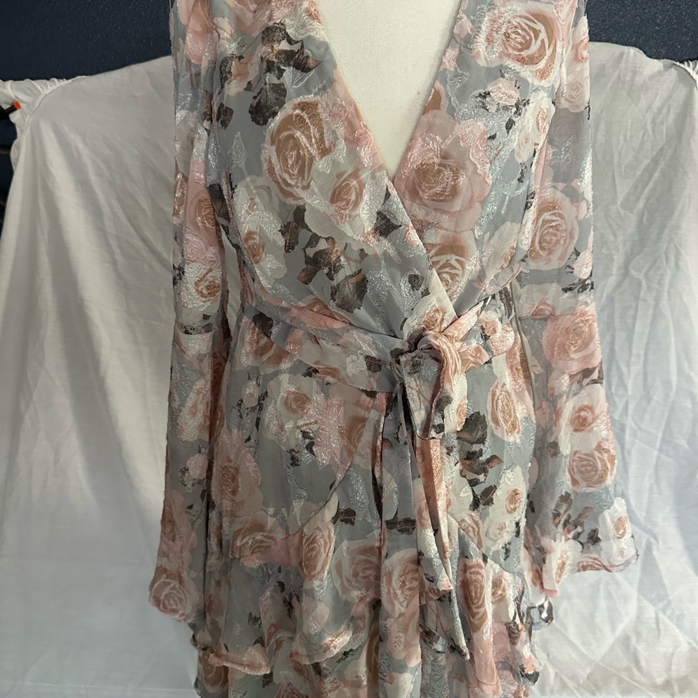 Pink and Gray Floral Wrap Dress